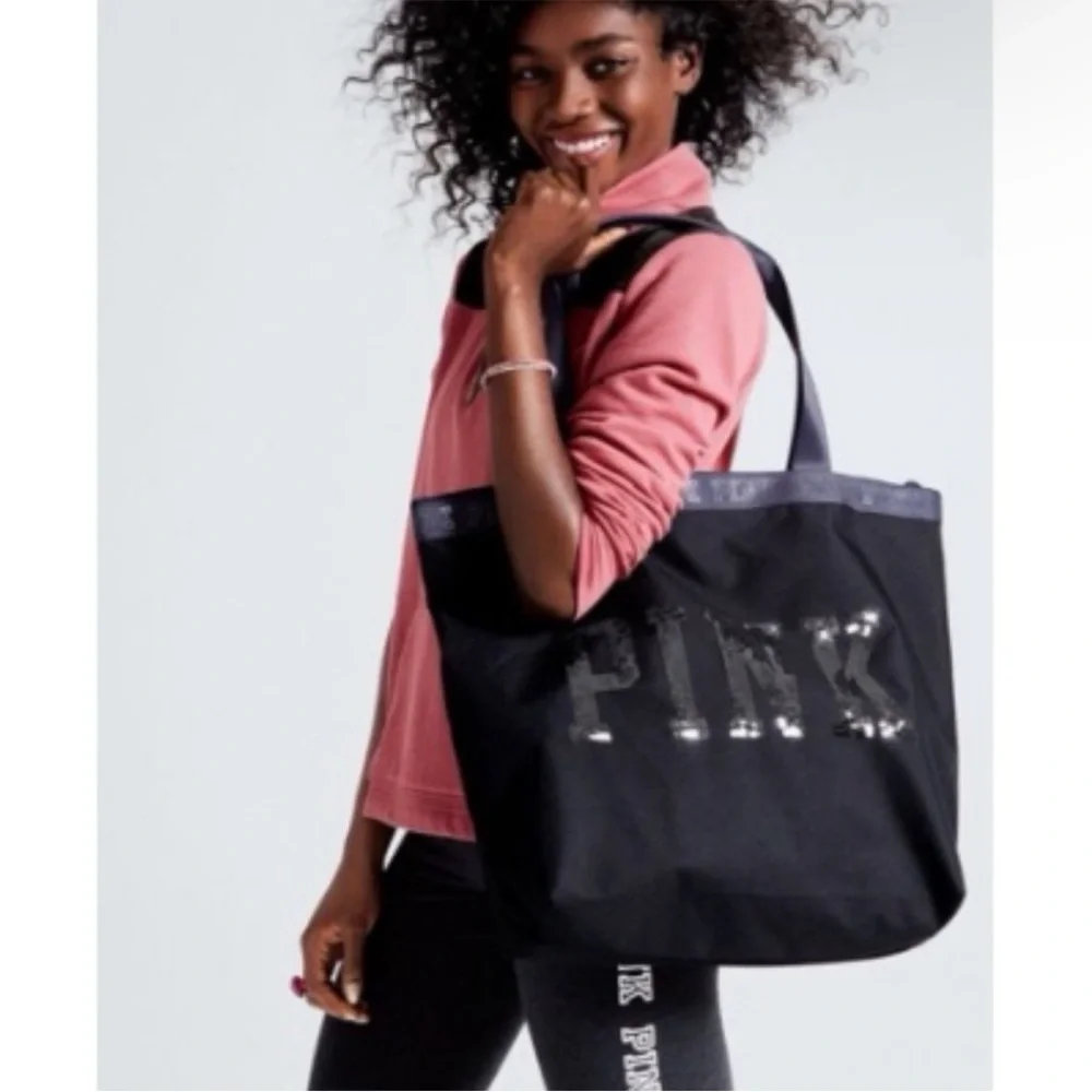 Victoria's Secret Pink Black Bling Sequin Tote Bag - Picture 1 of 9